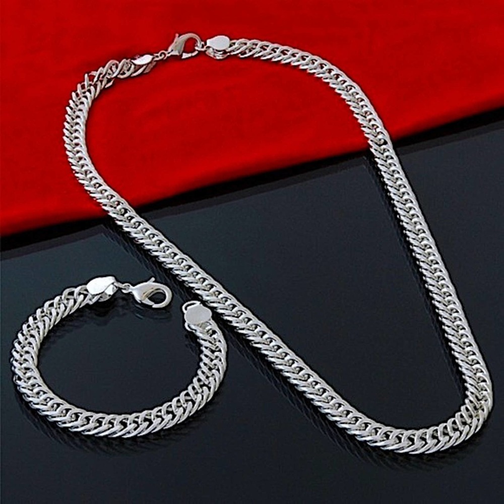 STERLING SILVER CHAIN LINK PLATED  10mm UNISEX NECKLACE BRACELET SET